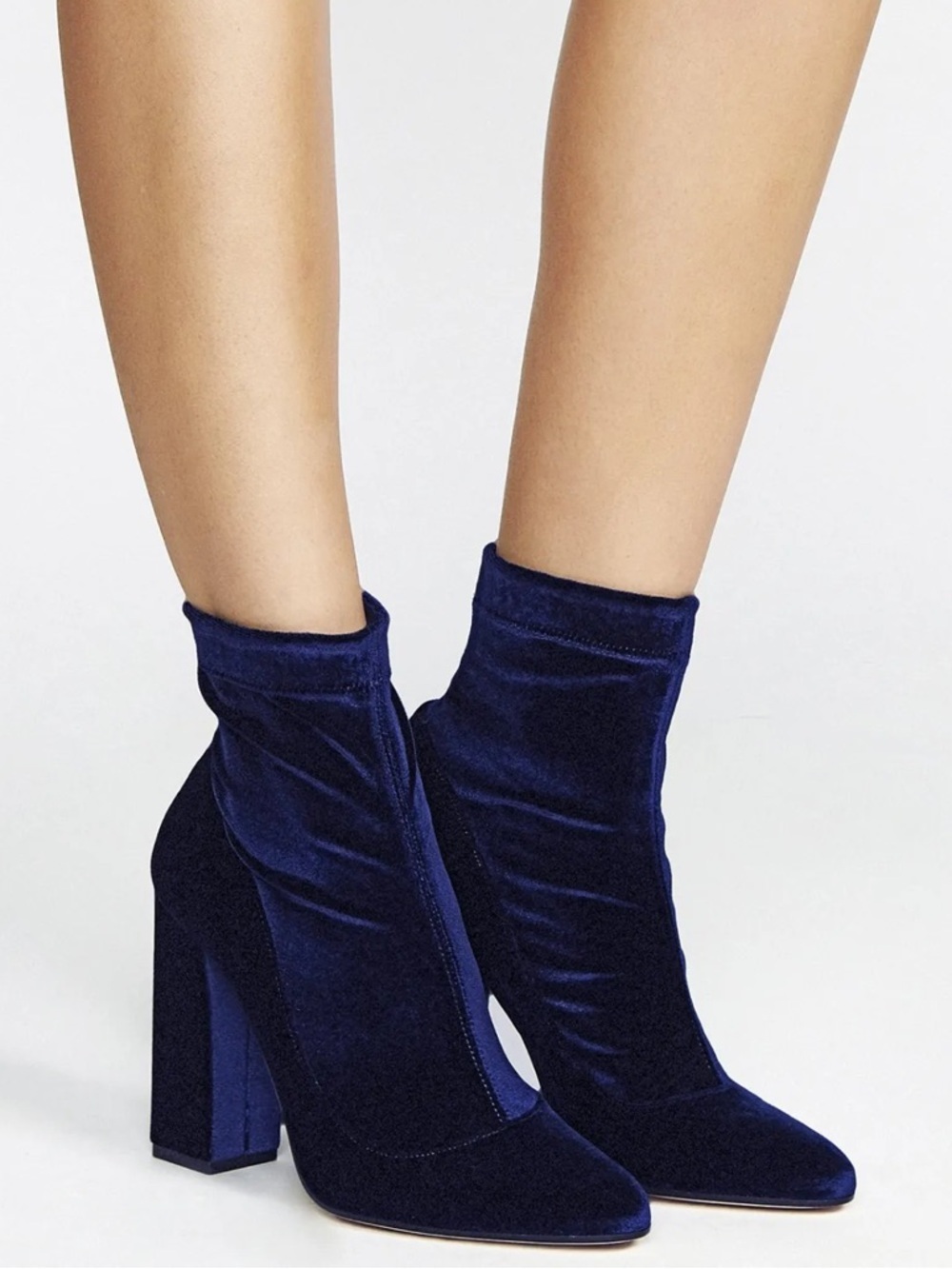 NIB Tamara Mellon Caress 105 Blue Stretch Velvet Ankle Sock Boots Sz 40.5